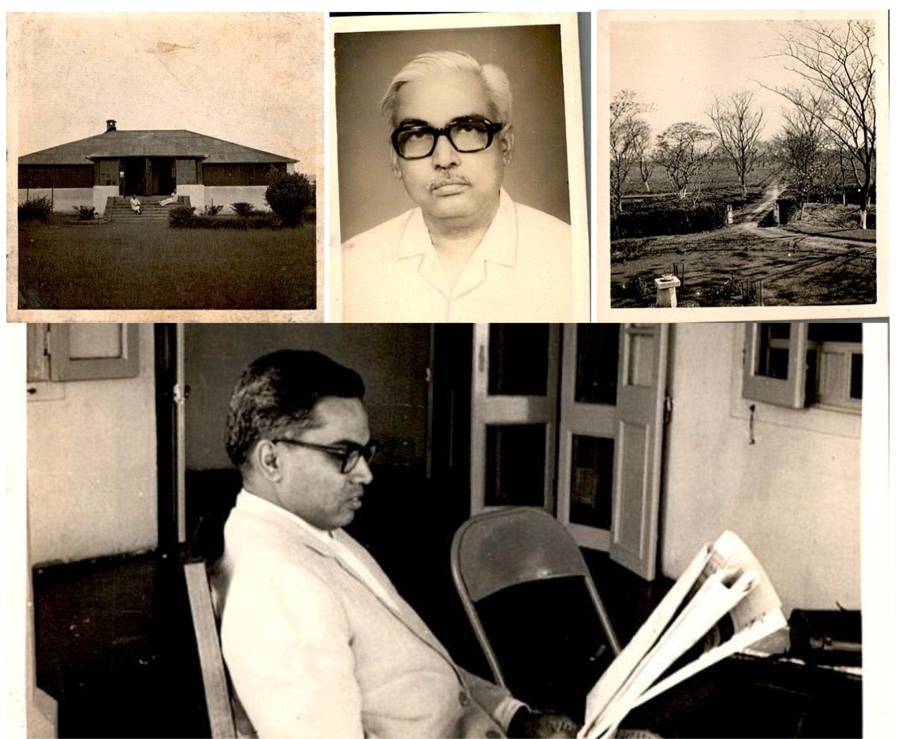 A collage of moments from the founder's life — the bungalow, formal portrait, tea garden road, and quiet evenings