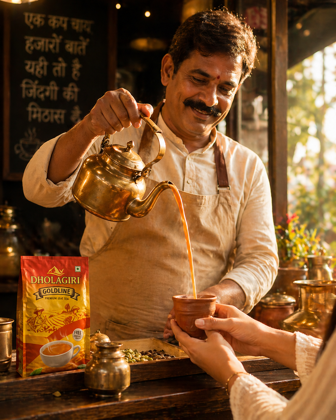 Tea master pouring fresh masala chai