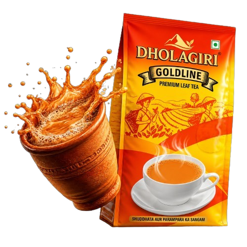 Dholagiri masala chai splashing from a kullhad cup