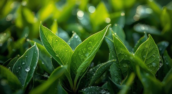 Macro view of fresh tender tea leaves with morning dewdrops