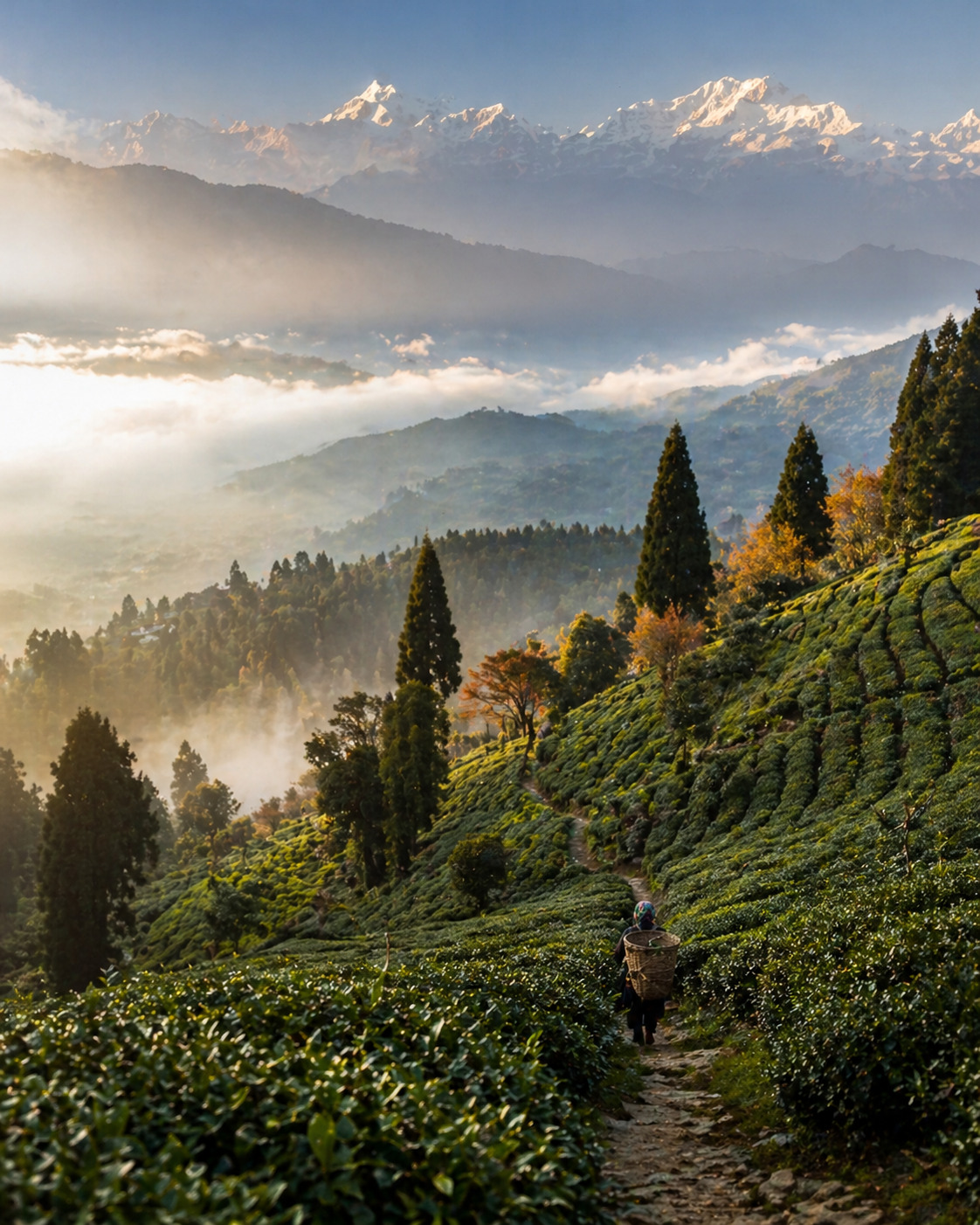 Terraced Darjeeling tea slopes with Kanchenjunga in the background